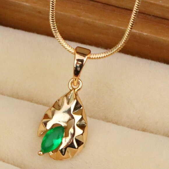 "Teardrop Leaf Pendant with Marquise Green Stone in Gold Finish, XPPT1726 - Picture 1 of 13